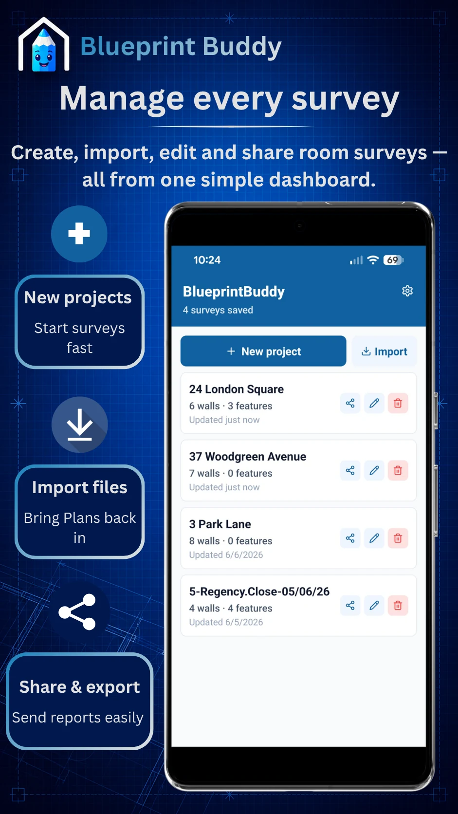 The project dashboard listing saved surveys, each with wall and feature counts and options to share, edit or import.