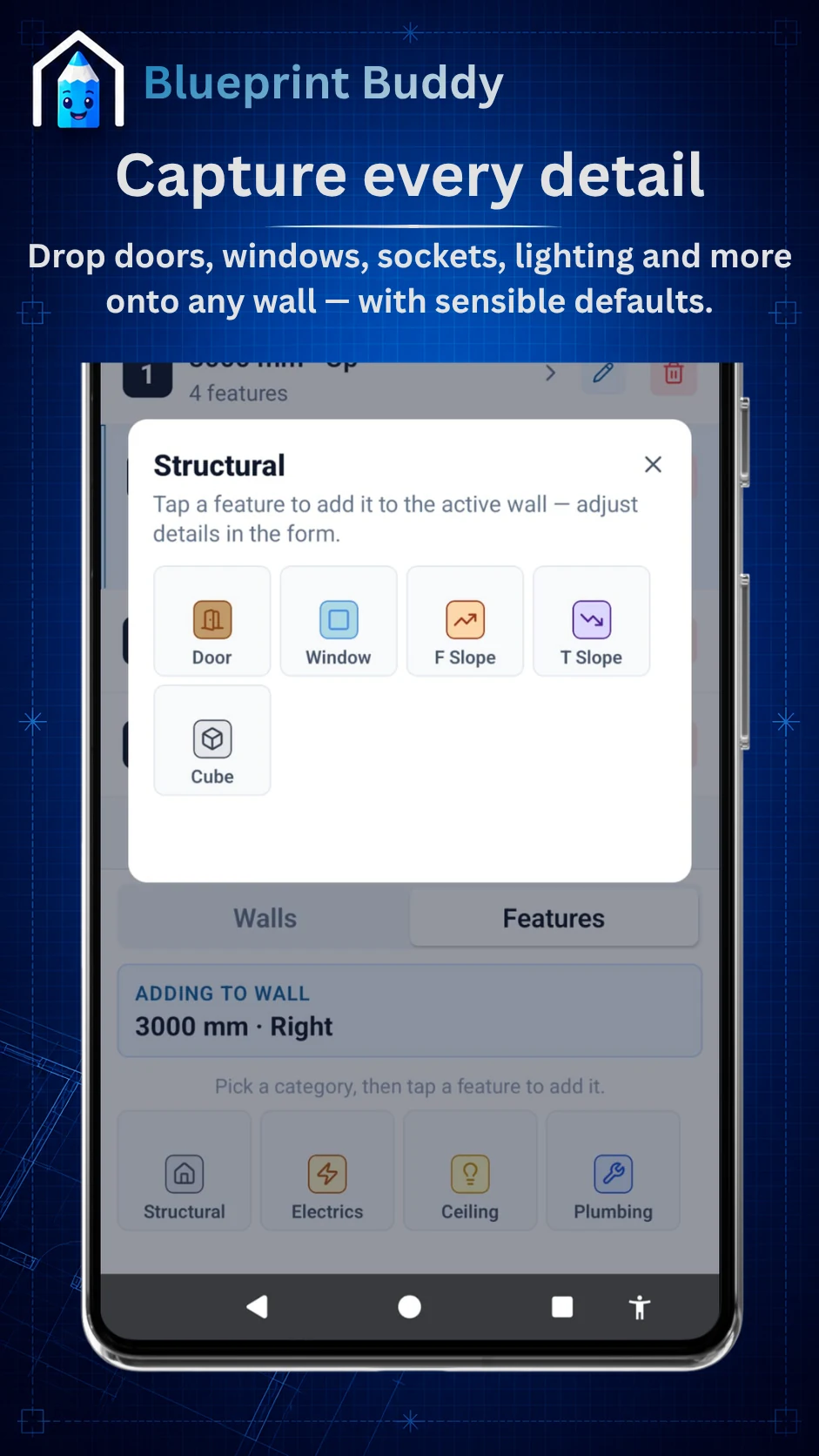 The feature picker: tap to drop doors, windows, sockets, lighting and plumbing items onto a wall, grouped by category.