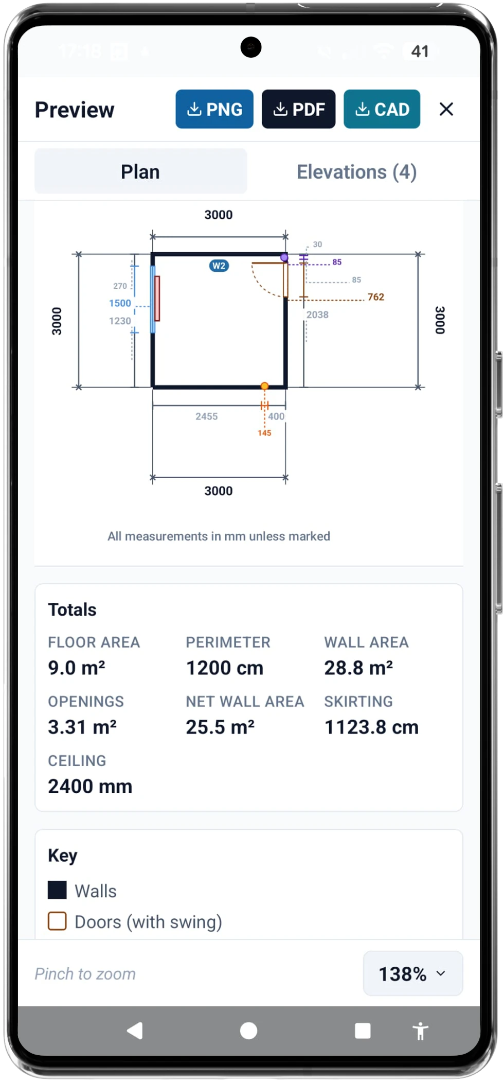 BlueprintBuddy floor plan app on a phone, previewing a scaled room plan with dimensions, a totals panel and PDF, PNG and CAD export buttons.