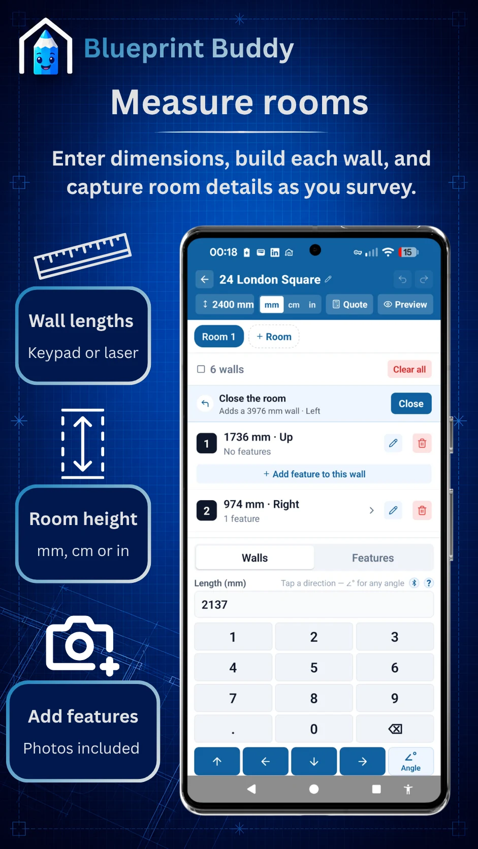 BlueprintBuddy measuring screen: a room built wall by wall using a numeric keypad, with each wall listed by its length in millimetres.