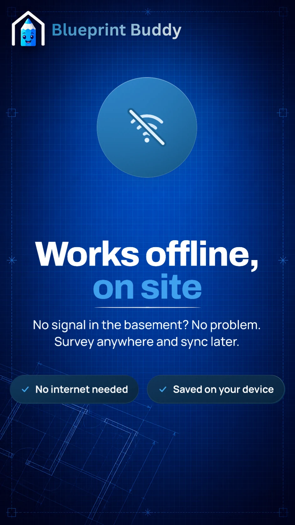 An offline screen confirming the app needs no internet connection and saves every survey on the device.