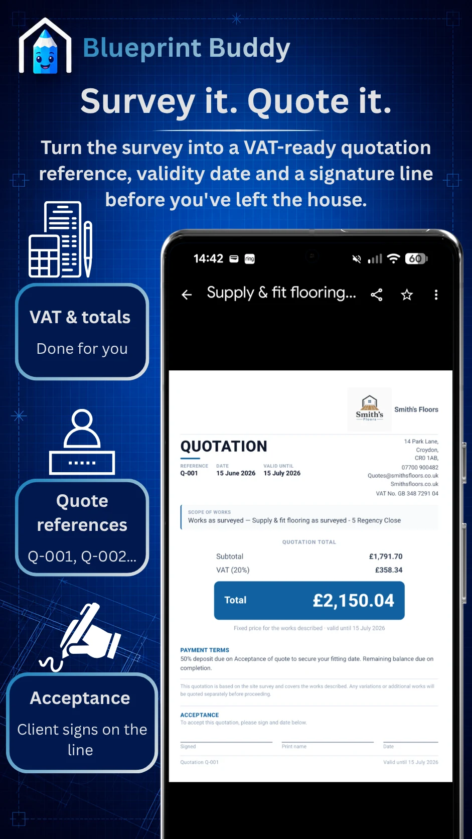 A VAT-ready quotation on screen with a reference, validity date, totals and a signature line for the customer.